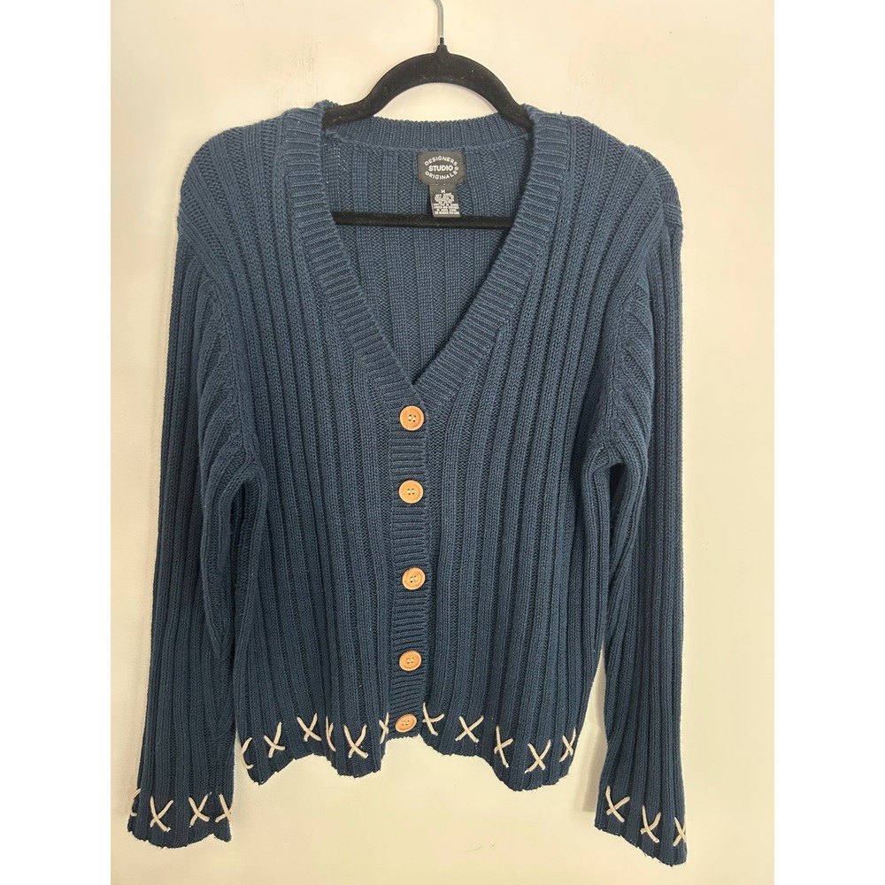Designers Studio Originals Blue Ribbed Knit Whipstitch Cardigan Sweater Medium
